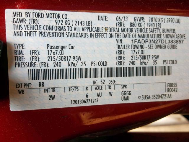 1FADP3N27DL383857 - 2013 FORD FOCUS TITA RED photo 10