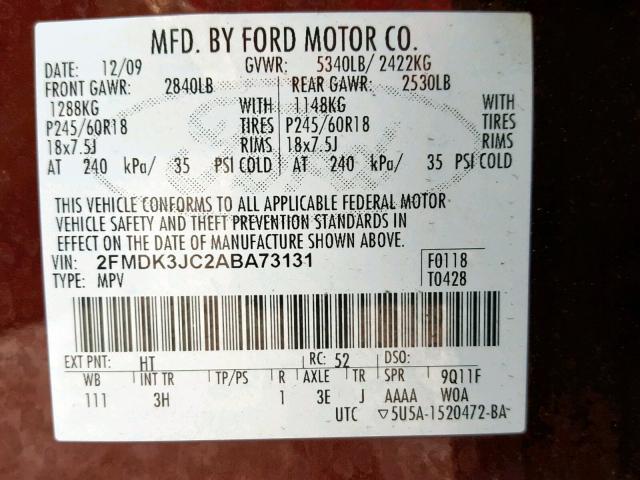 2FMDK3JC2ABA73131 - 2010 FORD EDGE SEL MAROON photo 10