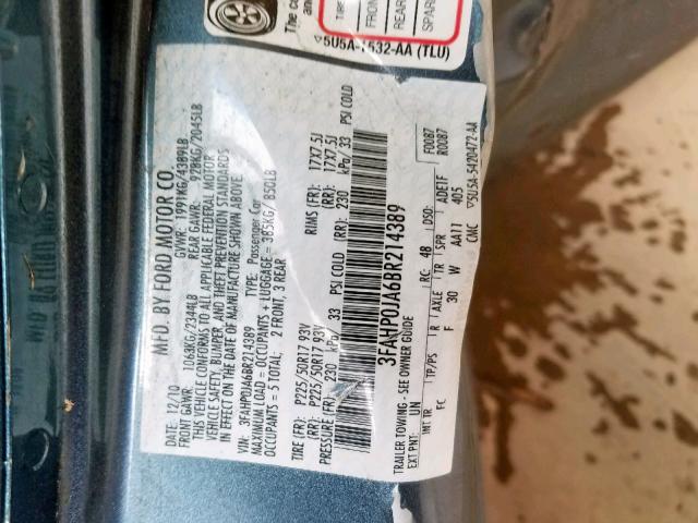 3FAHP0JA6BR214389 - 2011 FORD FUSION SEL GRAY photo 10