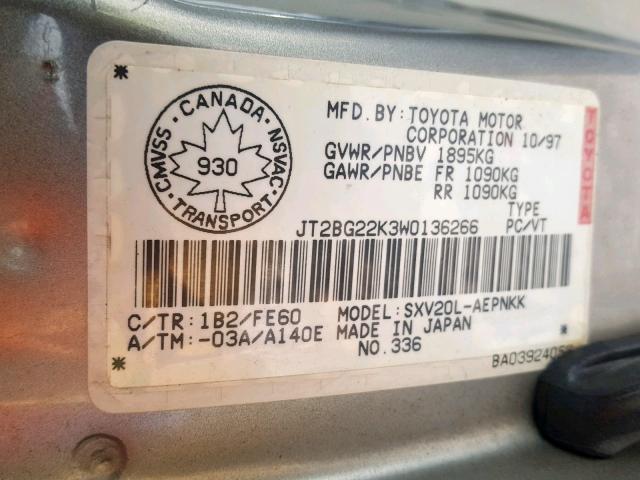 JT2BG22K3W0136266 - 1998 TOYOTA CAMRY CE SILVER photo 10