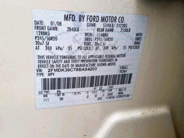 2FMDK39C78BA54203 - 2008 FORD EDGE LIMIT CREAM photo 10