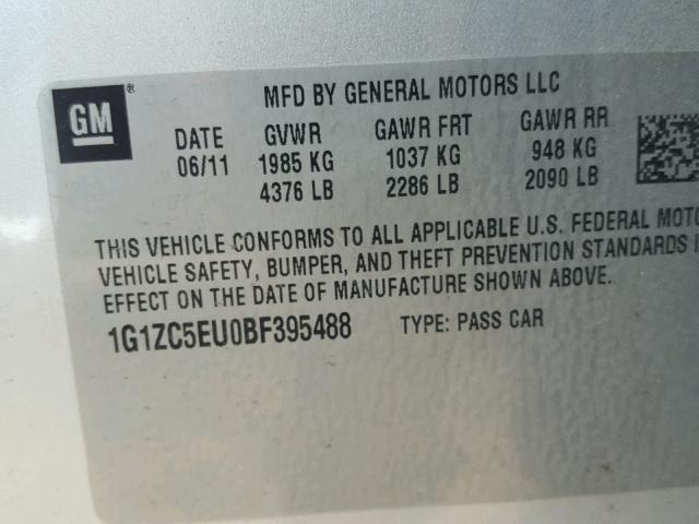 1G1ZC5EU0BF395488 - 2011 CHEVROLET MALIBU 1LT SILVER photo 10