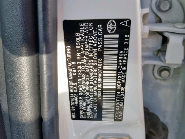 VNKKTUD38HA074078 - 2017 TOYOTA YARIS L WHITE photo 10