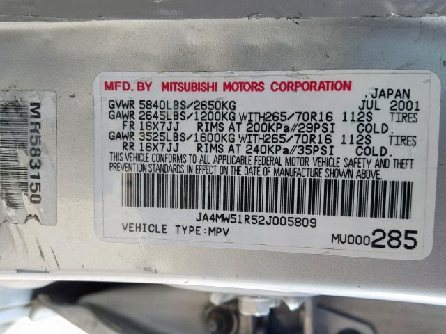 JA4MW51R52J005809 - 2002 MITSUBISHI MONTERO LI SILVER photo 10