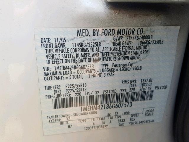 1MEHM42186G607573 - 2006 MERCURY MONTEGO PR 白色 照片 10