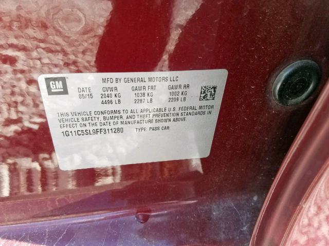 1G11C5SL9FF311280 - 2015 CHEVROLET MALIBU 1LT 勃艮第红 照片 10