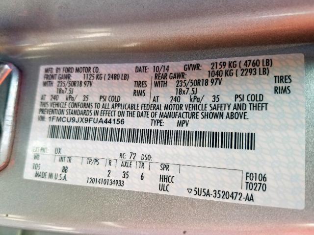 1FMCU9JX9FUA44156 - 2015 FORD ESCAPE TIT SILVER photo 10