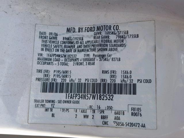 1FAFP34N57W182532 - 2007 FORD FOCUS ZX4 WHITE photo 10