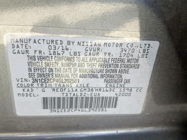 3N1CE2CP4GL392581 - 2016 NISSAN VERSA NOTE GRAY photo 10