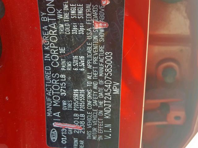 KNDJT2A54D7585003 - 2013 KIA SOUL RED photo 10