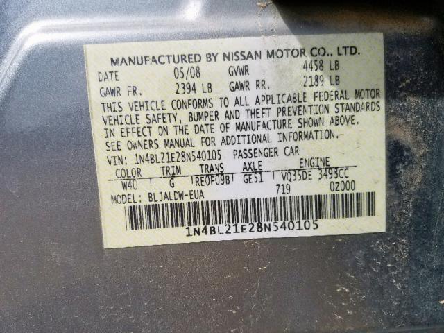 1N4BL21E28N540105 - 2008 NISSAN ALTIMA 3.5 SILVER photo 10