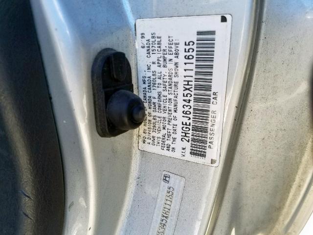 2HGEJ6345XH111655 - 1999 HONDA CIVIC DX SILVER photo 10