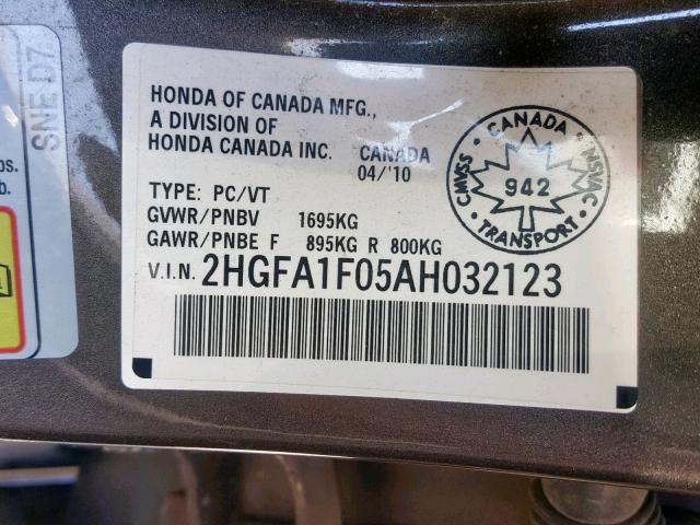 2HGFA1F05AH032123 - 2010 HONDA CIVIC EXL 灰色 照片 10