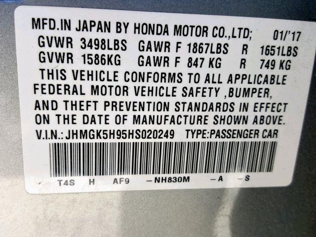 JHMGK5H95HS020249 - 2017 HONDA FIT EX SILVER photo 10