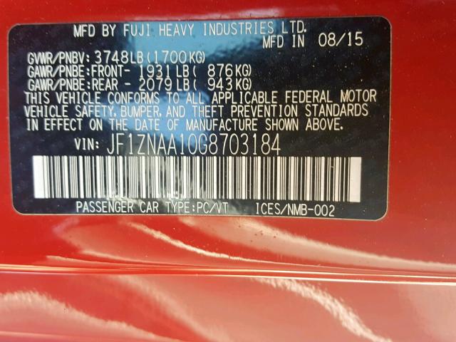 JF1ZNAA10G8703184 - 2016 TOYOTA SCION FR-S წითელი ფოტო 10