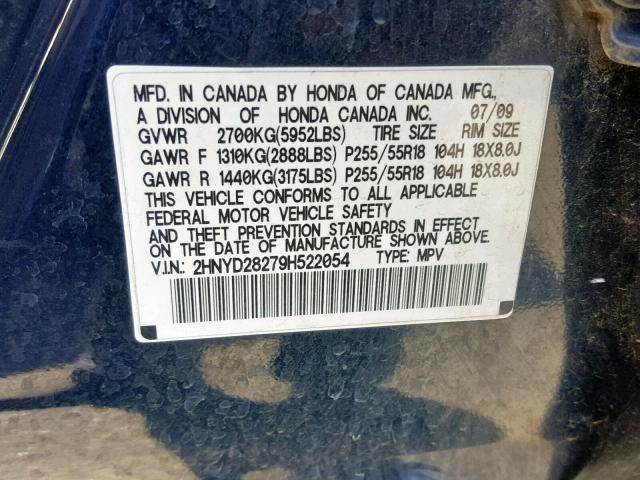 2HNYD28279H522054 - 2009 ACURA MDX BLUE photo 10