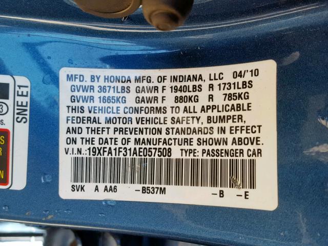 19XFA1F31AE057508 - 2010 HONDA CIVIC VP BLUE photo 10