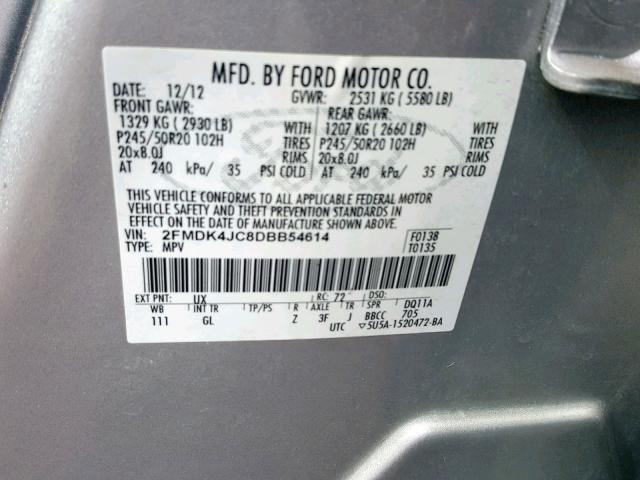 2FMDK4JC8DBB54614 - 2013 FORD EDGE SEL SILVER photo 10