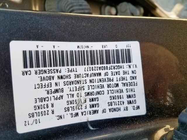 1HGCR2F86DA029077 - 2013 HONDA ACCORD EXL GRAY photo 10