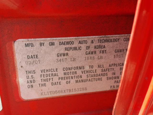 KL1TD566X7B153288 - 2007 CHEVROLET AVEO BASE Қызыл фото 10