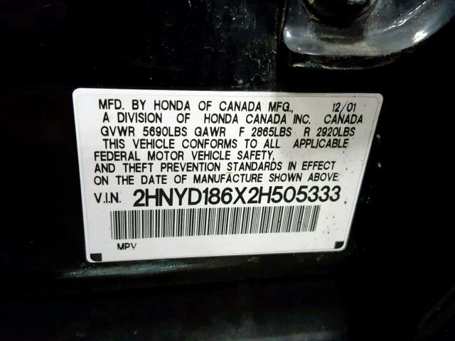 2HNYD186X2H505333 - 2002 ACURA MDX TOURIN BLACK photo 10