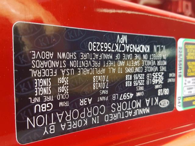 KNDPN3AC7K7563230 - 2019 KIA SPORTAGE E RED photo 10