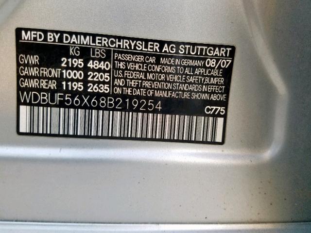 WDBUF56X68B219254 - 2008 MERCEDES-BENZ E 350 SILVER photo 10