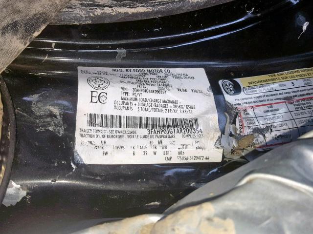 3FAHP0JG1AR200354 - 2010 FORD FUSION SEL BLACK photo 10