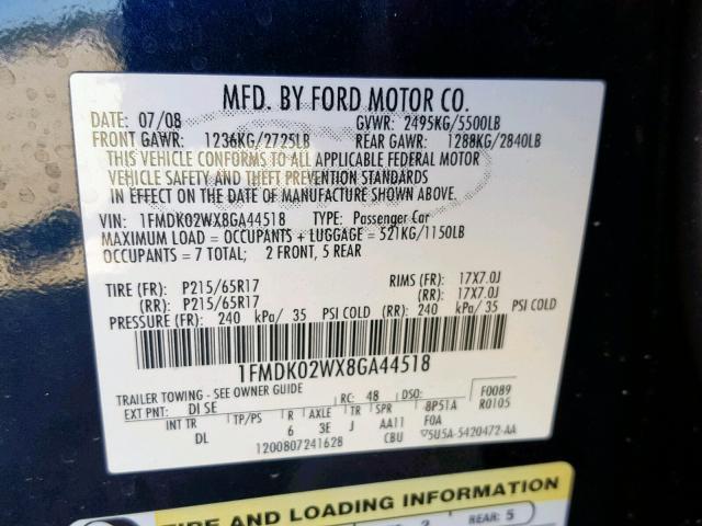 1FMDK02WX8GA44518 - 2008 FORD TAURUS X S BLUE photo 10