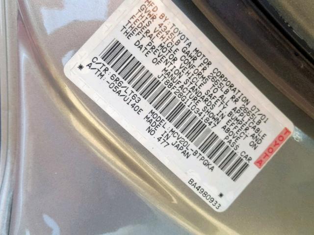 JT8BF28G110341847 - 2001 LEXUS ES 300 GRAY photo 10