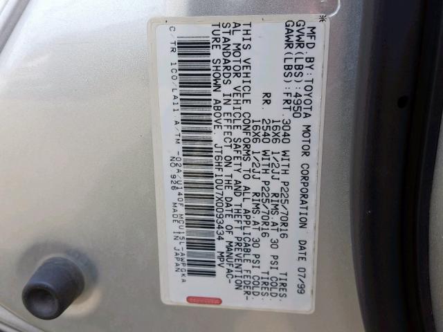 JT6HF10U7X0093434 - 1999 LEXUS RX 300 SILVER photo 10