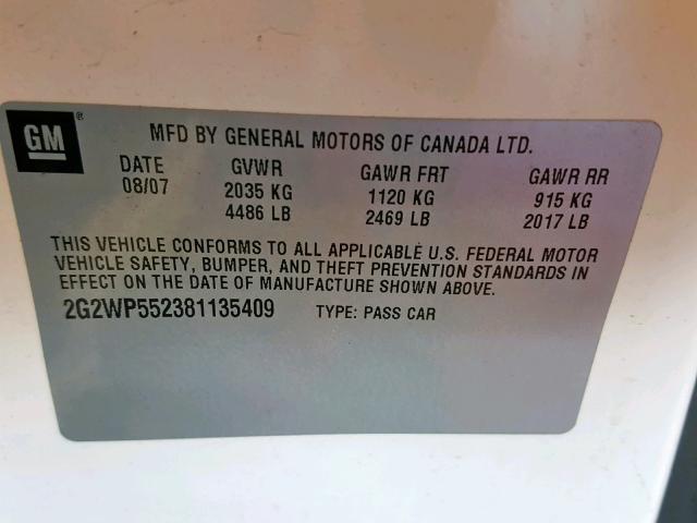 2G2WP552381135409 - 2008 PONTIAC GRAND PRIX WHITE photo 10