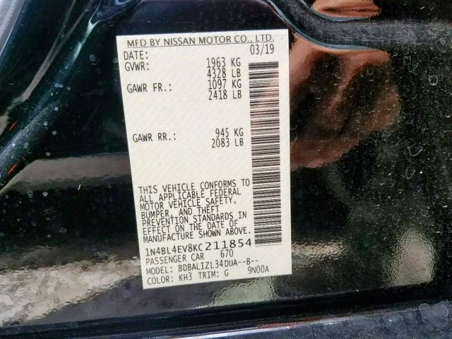 1N4BL4EV8KC211854 - 2019 NISSAN ALTIMA SL BLACK photo 10