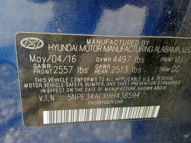 5NPE34AFXHH438594 - 2017 HYUNDAI SONATA SPO BLUE photo 10