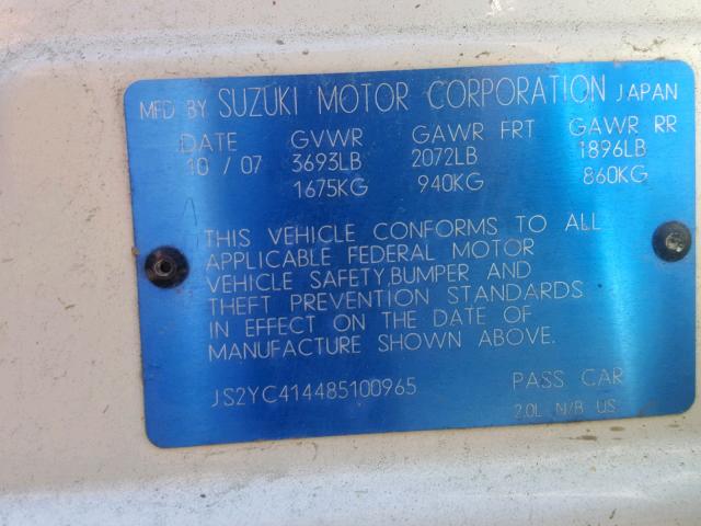 JS2YC414485100965 - 2008 SUZUKI SX4 WHITE photo 10