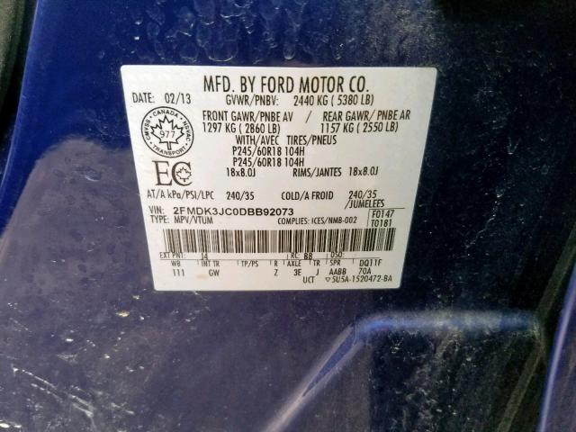 2FMDK3JC0DBB92073 - 2013 FORD EDGE SEL BLUE photo 10