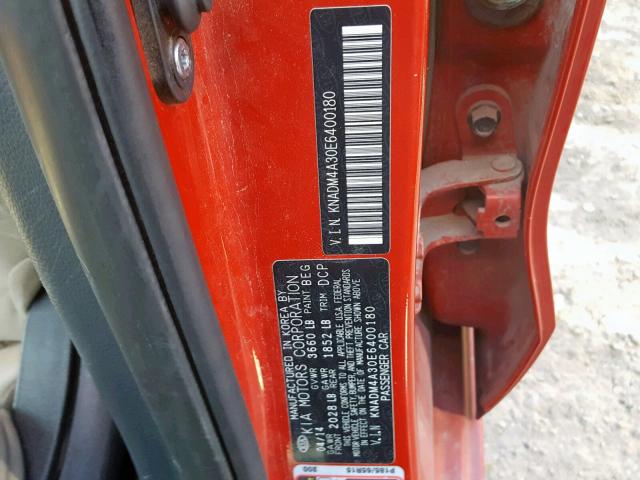 KNADM4A30E6400180 - 2014 KIA RIO LX RED photo 10