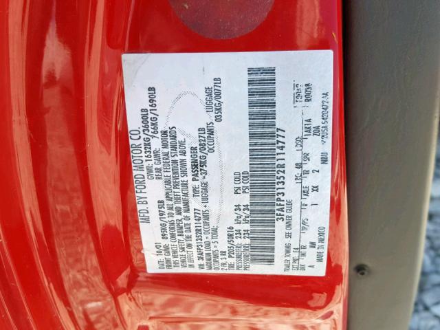 3FAFP31352R114777 - 2002 FORD FOCUS ZX3 RED photo 10