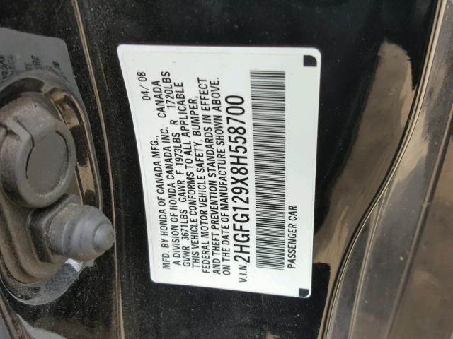 2HGFG129X8H558700 - 2008 HONDA CIVIC EXL BLACK photo 10