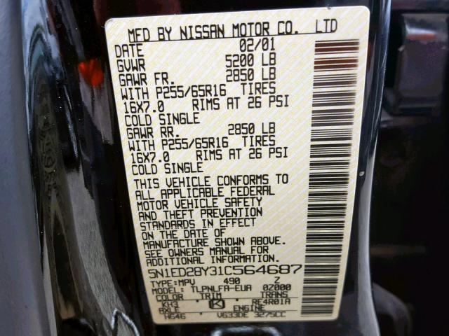 5N1ED28Y31C564687 - 2001 NISSAN XTERRA XE BLACK photo 10