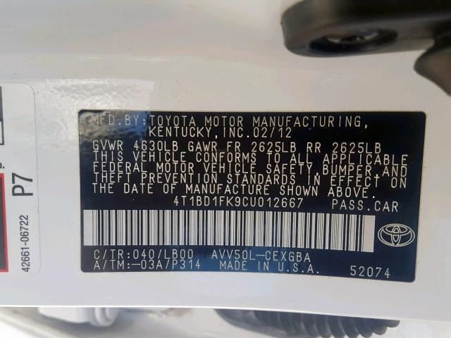 4T1BD1FK9CU012667 - 2012 TOYOTA CAMRY HYBR WHITE photo 10