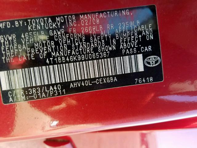 4T1BB46K99U065367 - 2009 TOYOTA CAMRY HYBR RED photo 10