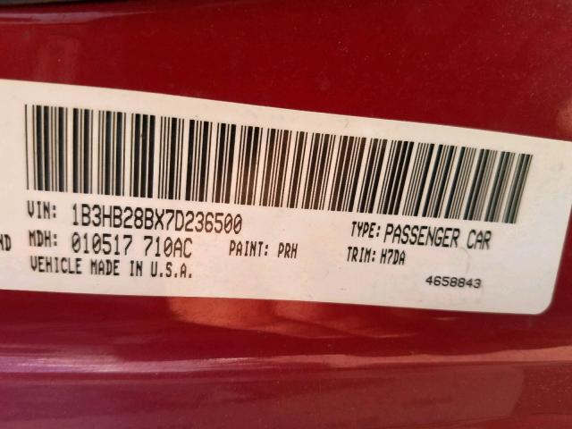 1B3HB28BX7D236500 - 2007 DODGE CALIBER BURGUNDY photo 10