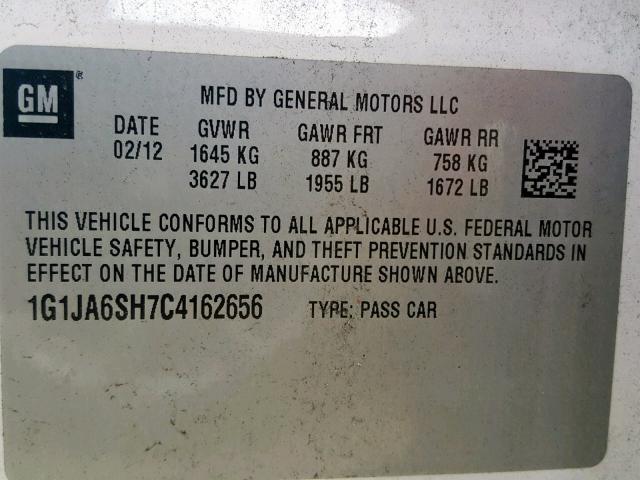 1G1JA6SH7C4162656 - 2012 CHEVROLET SONIC LS WHITE photo 10