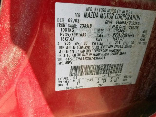 4F2CZ961X3KM38881 - 2003 MAZDA TRIBUTE ES 红色 照片 10