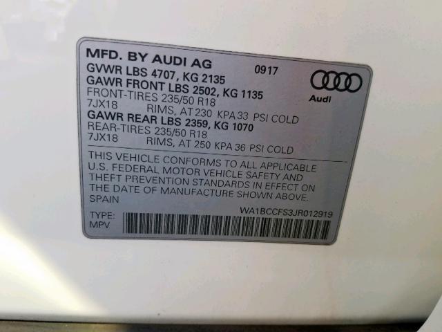 WA1BCCFS3JR012919 - 2018 AUDI Q3 PREMIUM WHITE photo 10