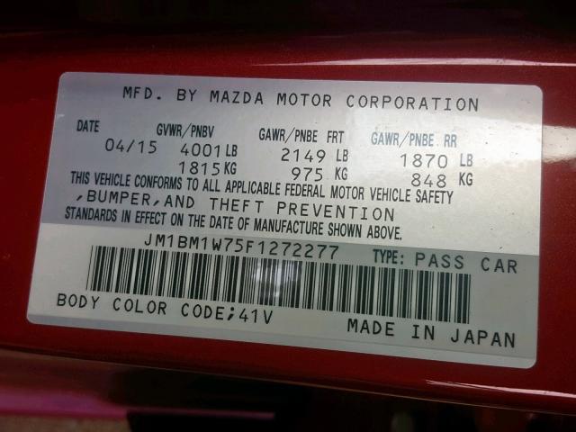 JM1BM1W75F1272277 - 2015 MAZDA 3 GRAND TO RED photo 10