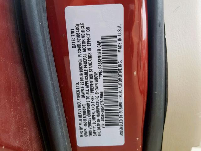 4S3BH665427605558 - 2002 SUBARU LEGACY OUT MAROON photo 10