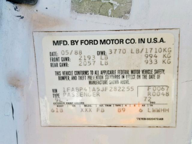 1FABP41A5JF282255 - 1988 FORD MUSTANG LX WHITE photo 10