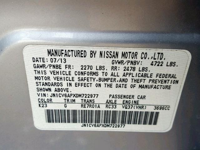 JN1CV6APXDM722977 - 2013 INFINITI G37 BASE SILVER photo 10